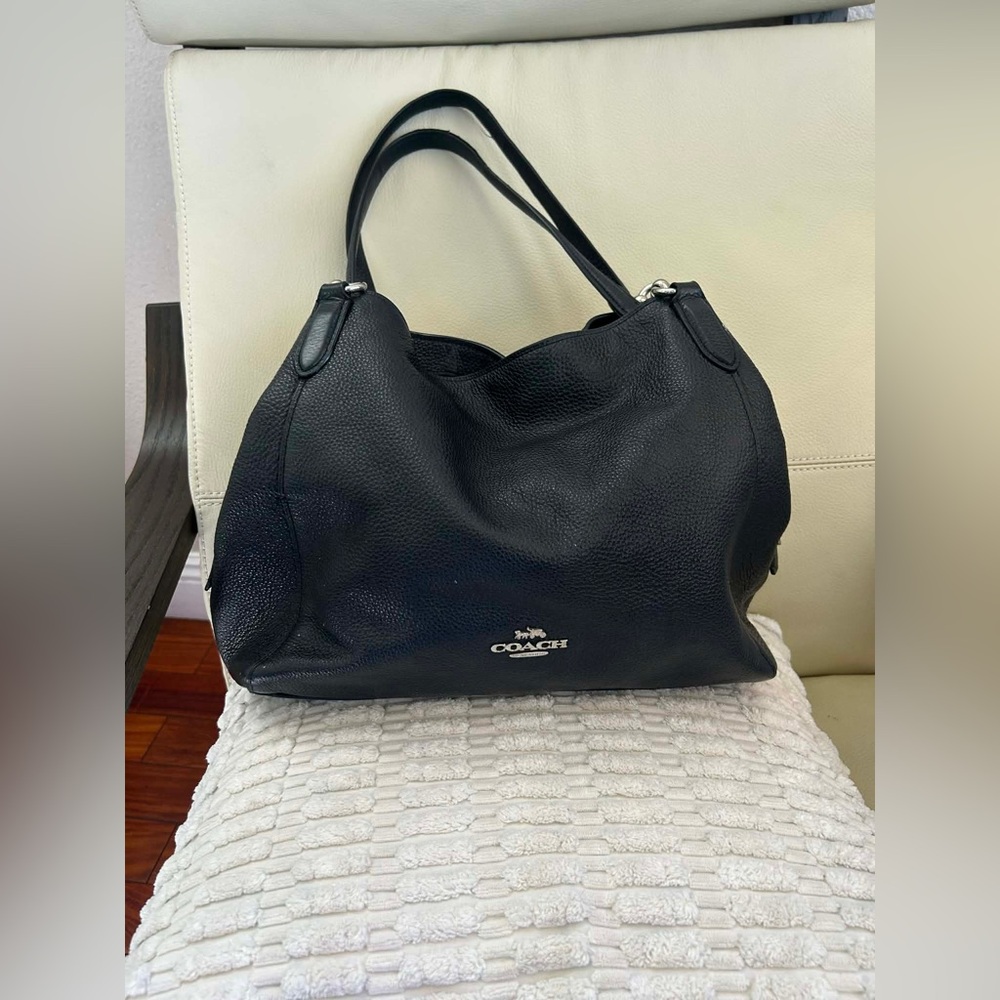 Coach Black Pebbled Leather Shoulder Tote with Silver Logo